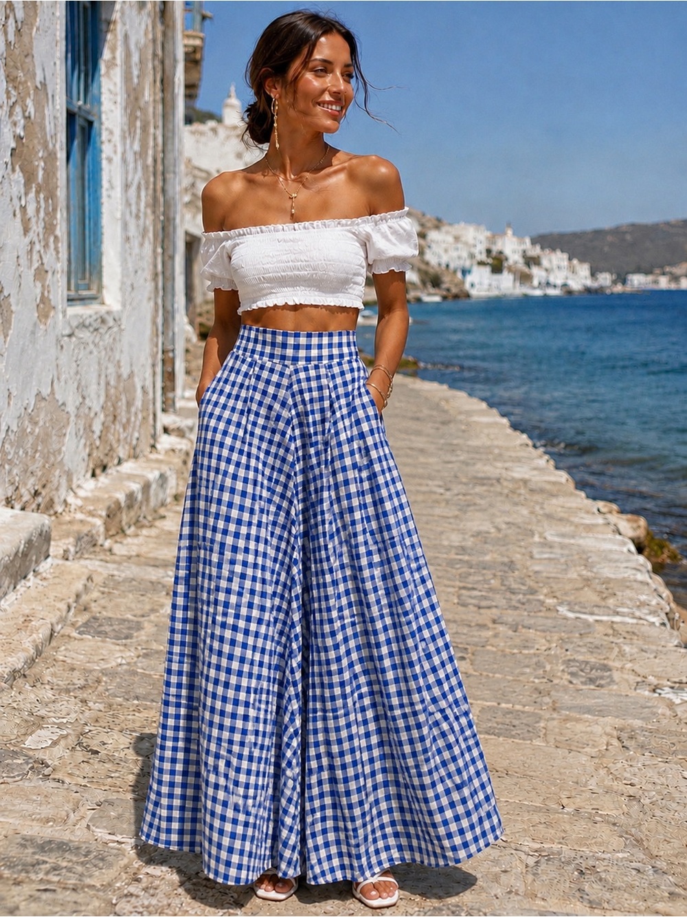 ISLA | HIGH WAISTED GINGHAM CHECK MAXI SKIRT With Pockets M